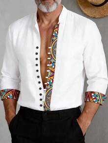GOLDREDY Men's Popular Fashion Classic Personalized Solid Color Patchwork Geometric Print Accent Stand Collar Multi-Button Design Breathable Fabric Suitable For Daily Casual Ramadan Home Fashionable Versatile Classic Minimalist Long Sleeve Shirt, Spring/Autumn - White - View 11