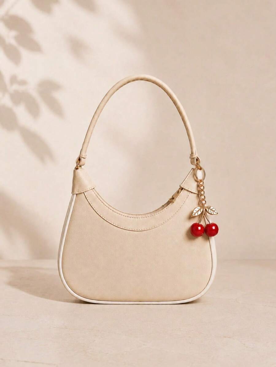1 Peça Bolsa Feminina Meia Lua Estilo Baguete De Ombro Y Mão Com Chaveiro Pingente Cereja Brinde - Gengibre - Visão 1