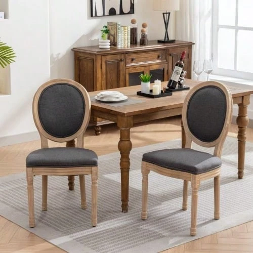 French Style Solid Wood Frame Antique Painting Linen Fabric Back Dining Chair - 灰色的 - 查看 1