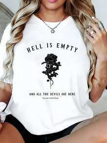 Camiseta de Verano de Algodón Suave, Tops de Verano, Camiseta de Algodón con Estampado Gráfico de Frase "Hell Is Empty Snake Rose" para Mujer, Estilo Gótico Dark Academia, Cuello Redondo Hol - Blanco - Ver 1