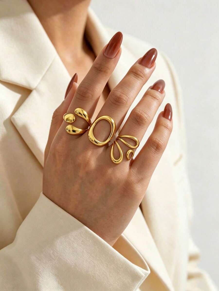 Minimalist Curved Water Drop Stackable Gold Ring Set, Stainless Steel Commuter Style Versatile Accessory - Gold - View 1
