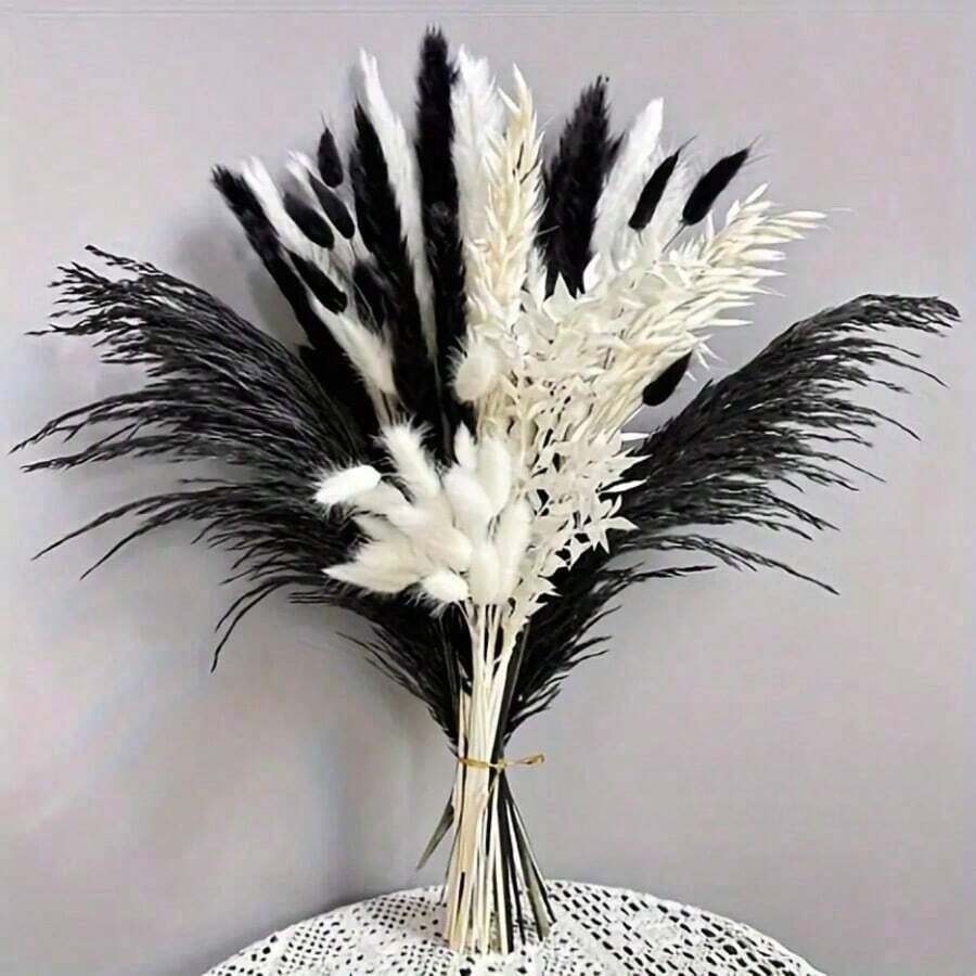1 Bunch Black & White Artificial Reed Grass, Bohemian Style Artificial Flowers, Suitable For Vase Centerpiece, Wedding Bridal Bouquet, Home Office And Party Decoration - Black and White - View 1