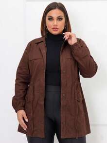 Plus Size Winter Overcoat In Bengaline Fabric With Drawstring, Zipper, And Button Closure. This Winter Parka Coat/Blouse Is Perfect For Sizes G1, G2, And G3. - 鏽棕色 - 查看 1