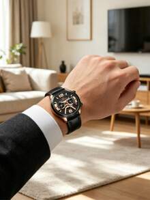 1pc Fashion New Men's Leather Strap Chronograph Mechanical Watch - Silver - View 7