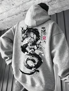 男士秋冬水墨中國風龍圖案寬鬆保暖內裡連帽衛衣，時尚領先款 - 白色 - 查看 4