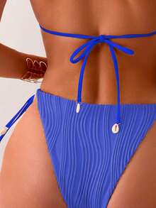 Women's Solid Color Special Wave Texture Fabric Triangle Back Bikini 2 Pieces Set Summer - Royal Blue - View 3