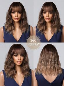 14 Inch Ombre Chestnut Brown Ombre Ash Blonde Wavy Bob Synthetic Wig With Bangs, Heat Resistant High Temperature Fiber Natural Looking For Women Daily Dating Party - Multicolor - View 4