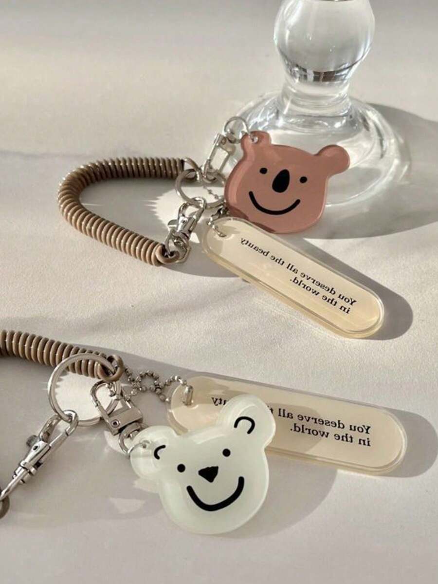 2pcs/Set Ins Bear Keychain Backpack Pendant, Cute Girl Style Earphone Protective Case, Anti-Lost Spring Chain Keychain - Multicolor - View 1