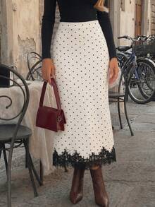 Women's Polka Dot Lace Patchwork Casual Versatile Daily Wear Knit Skirt - White - View 2