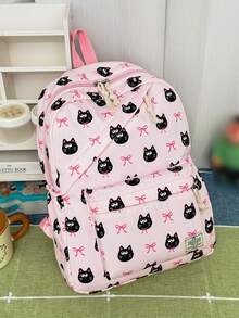 1 pieza Mochila de nailon de gran capacidad para estudiantes, mochila de gato con lazo para estudiantes universitarios, mochila de nailon, mochila de viaje - Rosa - Ver 4