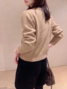 Cardigan Sweater Lengan Panjang Leher Bulat Motif Belah Ketupat Retro Kasual Wanita, Musim Gugur/Dingin - Khaki - View 3