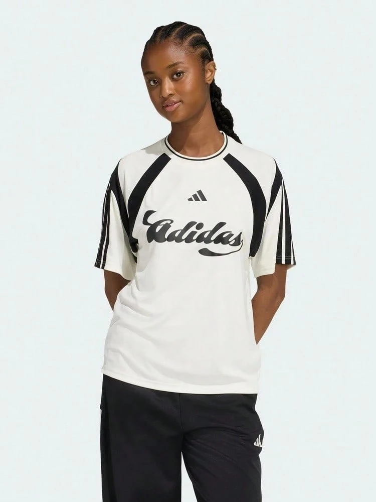 Adidas Women's W HER TEE Short Sleeve Knit Collarless T-Shirt TKB6126 - Black and White - View 1