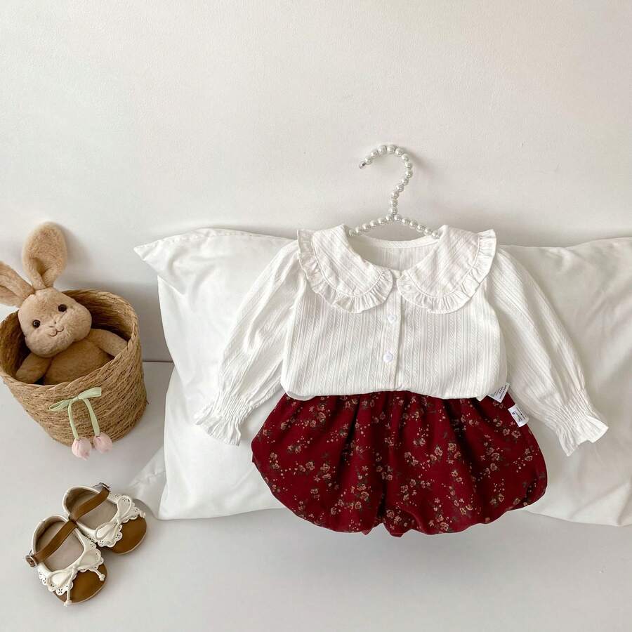 春秋女嬰服裝套裝，彼得潘領提花上衣襯衫 + 花卉雙層長褲 2件套