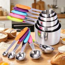 Silicone Handle And Clear Scale Measuring Cup & Spoon, Suitable For Dry Or Liquid Ingredients (Colorful), Cooking Accessories, Baking Essentials, Modern Kitchen Tools, Colorful Kitchenware, High-Quality Spoon, Dry Ingredient Spoon - Multicolor - View 1