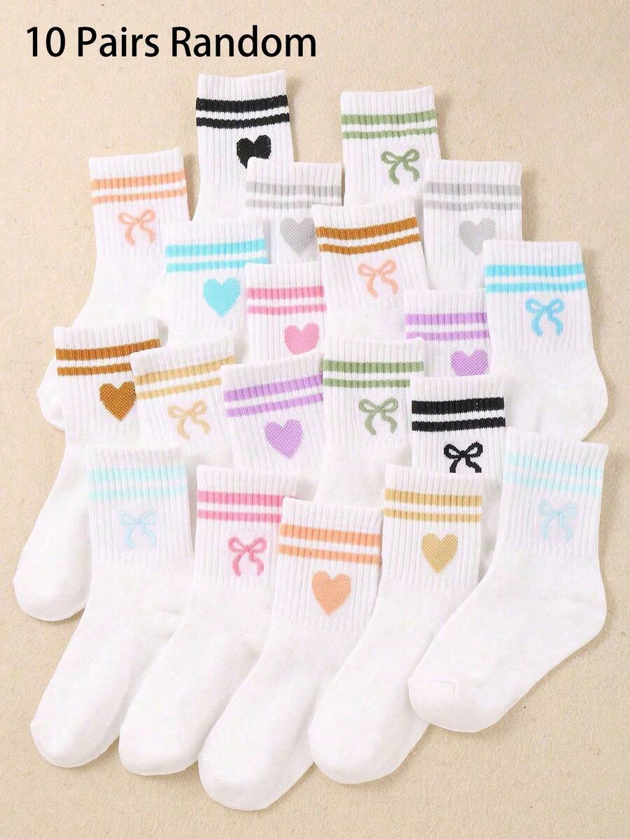 10 Pairs Random Color Girls Mid-Calf Socks, Heart Pattern Mid-Calf Socks, Fashion Bow Pattern Knitted Socks, Mixed Color Cute Casual Socks - Multicolor - View 1