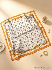 Moemton Pañuelo cuadrado de satén con estampado geométrico y ribete naranja vintage, elegante pañuelo profesional para cuello y cabeza para mujer, uso diario en la oficina - Naranja - Ver 3