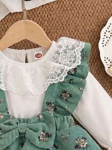 Setelan 2 Potong Gaya Pastoral Musim Semi/Gugur untuk Bayi Perempuan, Bodysuit Kerah Renda Bergaris Warna Polos & Gaun Terusan Berenda Motif Bunga dari Korduroi, Rok Berlapis-lapis, Kaos Kaki Pita yang Serasi, Cocok untuk Acara Luar Ruangan, Pakaian Kasual Liburan - Hijau - View 4
