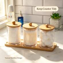 Tbestmax 10 Oz Cotton Swab/Ball/Pad Holder With Vanity Tray, Qtip Apothecary Jar, Bathroom Containers Dispenser Storage 3 Pack Wood Lids - 3pcs(托盤) - 查看 3
