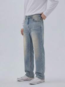 Men's Vintage Distressed Blue Casual Denim Jeans, Soft Faded Wash Straight Leg Fit, Breathable Daily Commute Versatile Long Pants For Photography And Atmospheric Style - Medium Wash - View 4