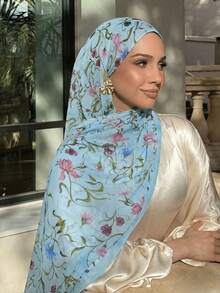 1 pieza Hijab con estampado floral, pañuelo elegante y de moda con estilo bohemio para mujeres, chal ligero adecuado para uso diario y abaya para vestidos, playa, vacaciones, accesorios, esencial de viaje - Azul claro - Ver 6