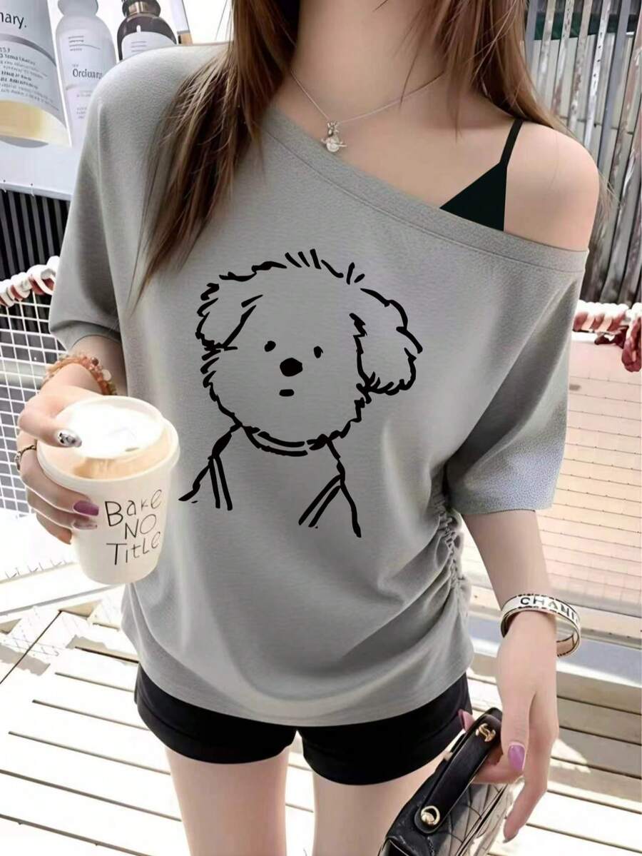 Off Shoulder 2 In 1s Gray Oblique Shoulder Short Sleeve T-Shirt For Women, New Summer Korean Sweet Style Line Drawing Dog Print Fitted Waist Casual - Light Grey - View 1