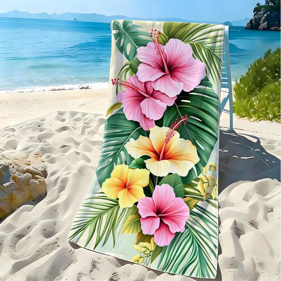 1件裝熱帶扶桑花印花沙灘巾,柔軟快乾超細纖維,適合夏季旅行、瑜珈、露營、游泳,可機洗戶外毯 - 彩色 - 查看 1
