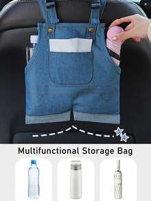 EIGIIS Car Tissue Box Storage Hanging Bag, Plush Tissue Cover, Suitable For Car Back Seat, Home Bathroom, Bedroom, Office Desk, Travel Car Storage Organizer Bag, Denim Overalls Style - A - View 3