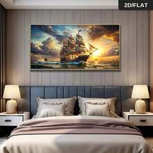 2D Flat, 2D Flat 1 Stück rahmenlose moderne abstrakte Piratenschiff segelt in den Sonnenuntergang Leinwand Wandkunst Poster - lebendiges nautisches Gemälde für Wohnzimmer & Schlafzimmer Dekoration, hochwertiger Muster, elegantes zeitgenössisches Design, nautische Dekoration, 2D Flat - Entwurf 01 - Übersicht 3