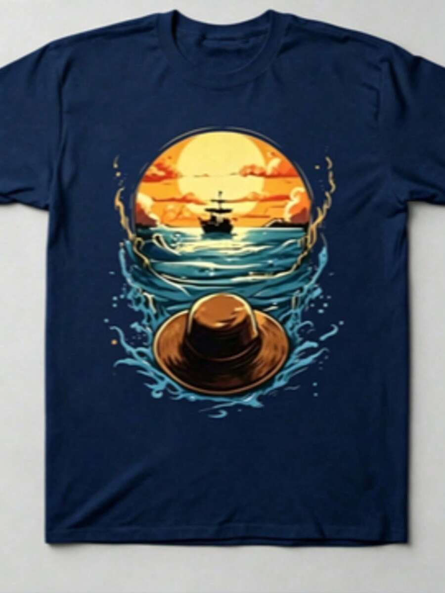 1 Camiseta de One Piece, Diseño de Moda, Estampado de Anime, Algodón Retro, Cuello Redondo, Manga Corta para Hombre, 180g, 100% Algodón, Camiseta Gráfica - Azul Marino - Ver 1