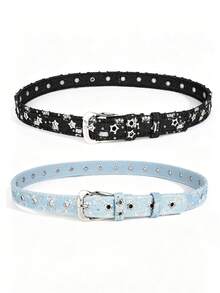 2pcs Punk Style Star Double Breasted Belt, Korean Version Jeans, Fashionable Decorative Pants Belt, Corns Belt - 2pc Black + Blue a - View 2
