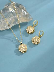 1pc Fashionable Sparkling Rotating Clover Stainless Steel Women's Necklace, 1 Pair Fashionable Sparkling Rotating Clover Stainless Steel Women's Earrings, Gold Earrings, Gold Necklace, Stainless Steel Jewelry, Gold Jewelry, Summer, Beach, Vacation Jewelry, Charm, Pride, Western Jewelry, Gift For Women, Gift, Birthday Gift - Yellow Gold - View 3