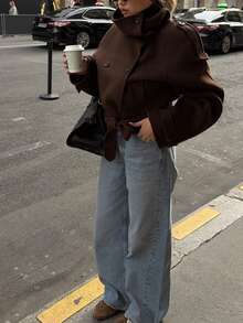 DEEKA Nueva Chaqueta de Mujer de Moda Otoño/Invierno Casual Minimalista con Doble Botonadura y Cinturón Marrón - Marrón - Ver 2