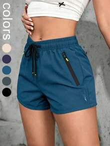 Women's Casual Sports Shorts, Elastic Waist With Drawstring, Suitable For Running, Sports, And Casual Wear In Summer - Teal Blue - View 6