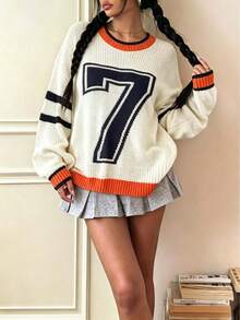 1pc Casual Slouchy Loose Fit Colorblock Number 7 Design Unique Thin World Cup Jersey College Style Crew Neck Knit Sweater - Multicolor - View 11