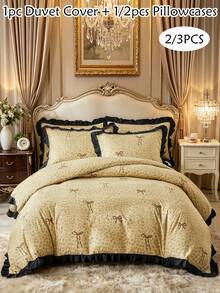 2/3 Piece French Bow Duvet Cover Set (1 Duvet Cover + 1/2 Pillowcases), Leopard Print, Black Ruffle Trim, Soft And Comfortable, Country Style Bedding, Suitable For All Seasons, Perfect As Holiday Or Birthday Gift, No Filling Included - Camel - View 1