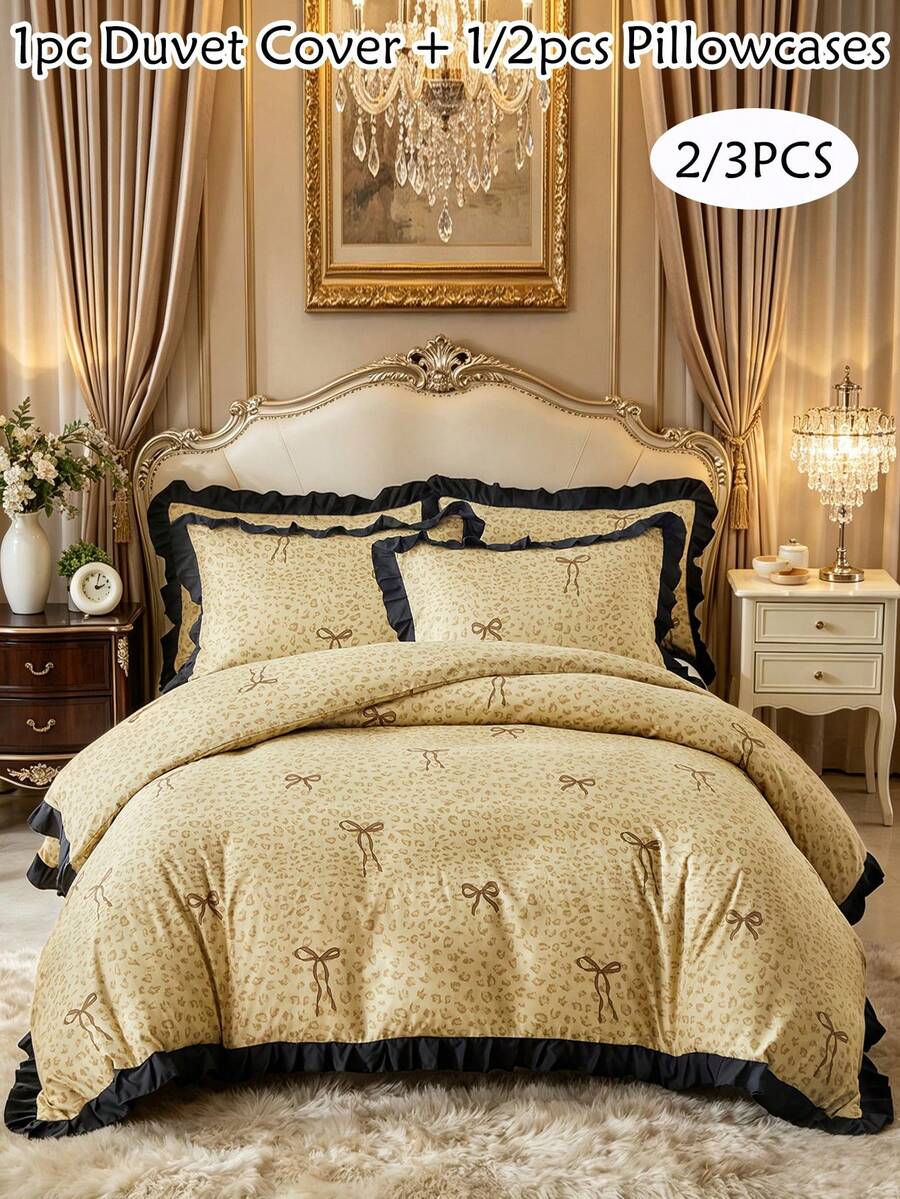 2/3 Piece French Bow Duvet Cover Set (1 Duvet Cover + 1/2 Pillowcases), Leopard Print, Black Ruffle Trim, Soft And Comfortable, Country Style Bedding, Suitable For All Seasons, Perfect As Holiday Or Birthday Gift, No Filling Included - Camel - View 1