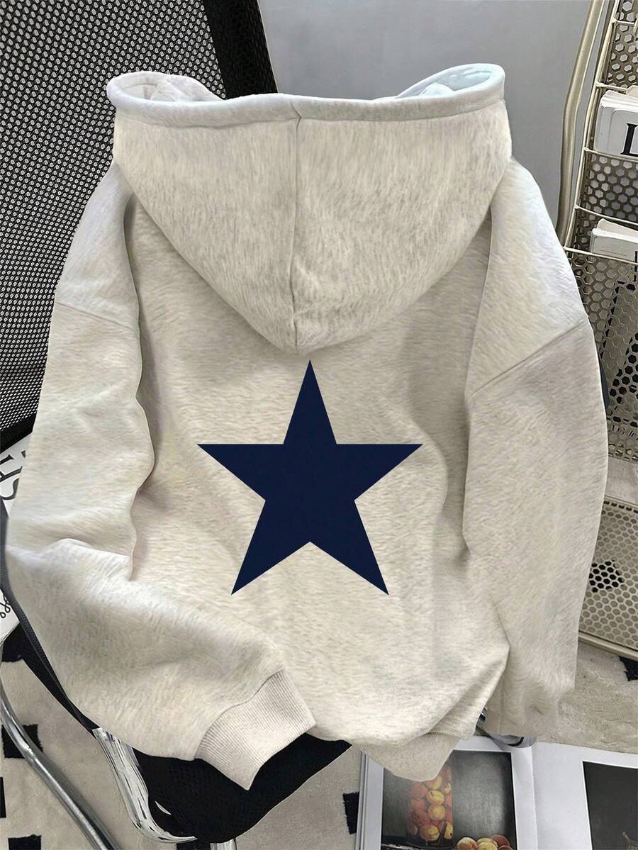 Women's Loose-Fitting, Long-Sleeved Sweatshirt With Pentagram Print And Dropped Shoulders, Autumn - Light Grey - View 1