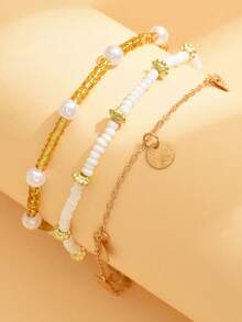 3pcs/Set Bohemian Style Beaded Round Disc Tassel Pendant Anklet Beaded Foot Chain Set - Gold - View 4
