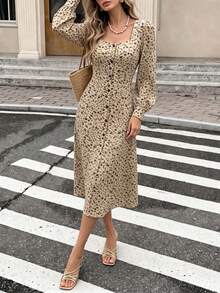 Women Fall Floral Midi Dress, Square Neck Long Sleeve Button Front Vintage Print A‑Line Dress - Multicolor - View 9