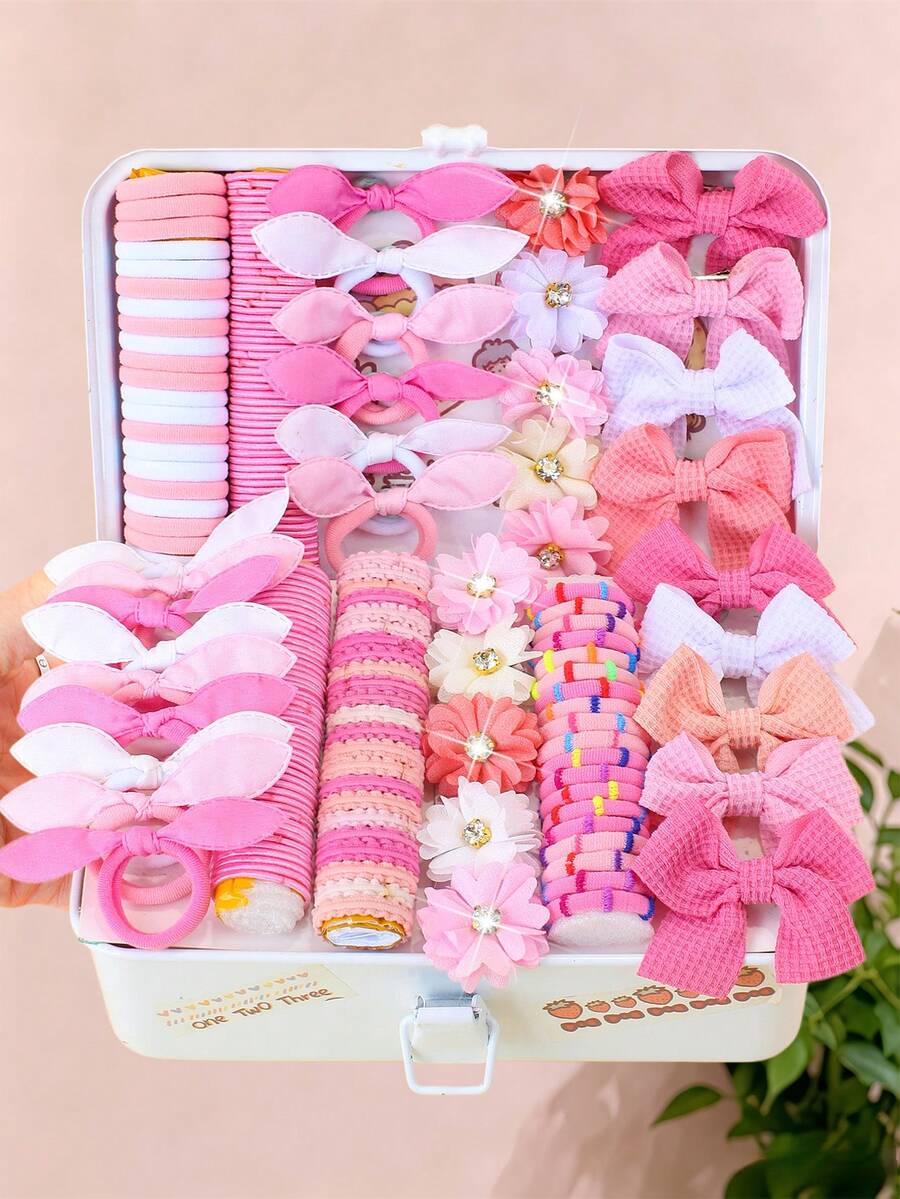 94pcs/Set Pink Sweet Floral Bow Hair Accessories Set, Includes Bows, Rhinestone Floral Hair Clips And Various Pink Toned Hair Ties, Colorful And Cute - Suitable For Girls And Women, Daily Styling, Campus Life, Vacation Dates, Graduation Party Outfits, Easily Master Versatile Cute Looks, Also A Top Gift Choice - Multicolor - View 1