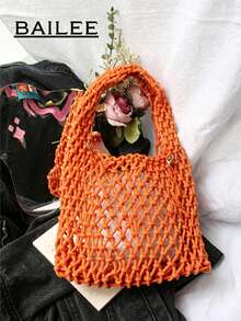 BAILEE Bolso de mano de poliéster de colores de moda con patrón tejido a mano y colgante de océano, adecuado para vacaciones - Naranja - Ver 5