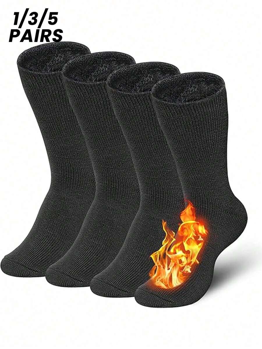 1/3/5 Pairs Couple Style Solid Color Thermal Lined Mid-Calf Socks, One Size Fits 35-43, Black, Cozy - Black - View 1