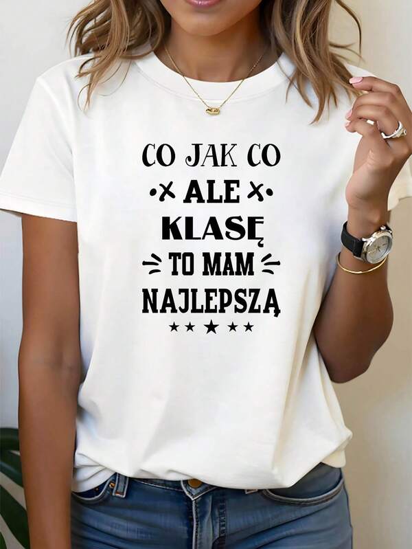 DailyTheme Polish Text Star Letter Print Crew Neck T-Shirts American Flag Dress Casual Wear Y2k USA Graphic T-Shirt Fashion Top Short Sleeve Minimalis