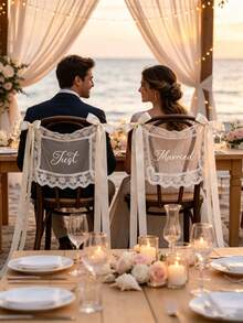 1pc Ivory Lace "Just Married" Chair Back Decor With Long Satin Ribbon Bow, Suitable For Groom & Bride Banquet Chairs, Church Ceremony, Bridal Party, Wedding Couple Chairs Decoration And Photo Backdrop Chair Decor - Off-white - View 8