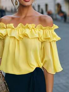 Top con hombros descubiertos 2026, camisa azul marino con detalles de volantes, volantes de doble capa, azul medianoche sólido, amarillo amigable para tallas grandes - Amarillo - Ver 6