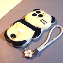 1件 3D 全身趴臥熊貓矽膠手機殼，適用於 iPhone 17 16 15 14 13，可愛「Happy Panda」印花，可拆卸白色編織腕帶附花朵吊飾，厚實柔軟 3D 卡通防震保護殼，適合女孩與青少年 - 黑與白 - 查看 2