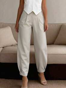 Pantalon long décontracté pour femmes LIly House, pantalon court taille haute plissé fuselé beige, élégant décontracté pour l'été, le bureau, les déplacements et les sorties en plein air - Couleur abricot pâle - Voir 9