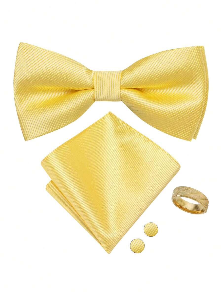 Set Dasi Kupu-Kupu Kuning Hangat Pria 5 Buah dengan Sapu Tangan Saku, Manset & Cincin, Aksesori Leher Ceria untuk Pernikahan, Prom, Pesta dan Acara Keluarga, Hadiah Kasual - Kuning - View 1