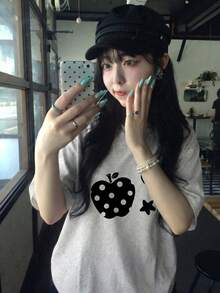 Y2K軟妹風女款夏季新款休閒寬鬆波點卡通印花短袖T恤上衣 - 淺花灰 - 查看 2