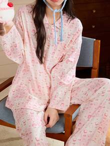 Gongdie 2 Pieces Snoopy Women Pajama Set,Spring Fall Soft Comfortable With Drop Shoulder Long Sleeve & Wide Leg Pants Loungewear - Pink - View 3